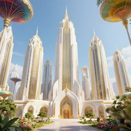 octane render of joyful opulent futuristic art deco city sunny day white and gold monolithic skyscrapers colorful floating parasols trees flowers park clear focus clean lines art deco architecture fantasy by paul ozzimo james clyne ross tran greg rutkowski beautiful intricate elegant highly detailed artstation