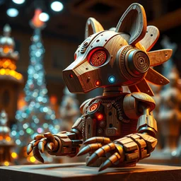 art toys wooden anthropomorphic animal robot cyberpunk, masterpiece, ultrarealistic, hyperreal, elegant, monumental, spectacular, lighting, immerse, special effects makeup, maximalist, glittering, artstation, cgsociety amazing art, award winning, gallery art alphonse mucha