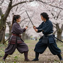vfx movie scene samurai couple stand off blades drawn in cherry blossom forest, natural lighting by emmanuel lubezki