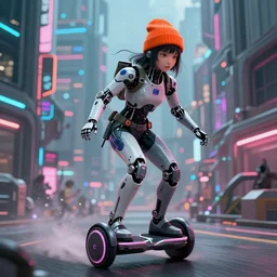 Cyberpunk Asian Robot Cyborg Girl wearing a orange beanie and riding on a hoverboard through a alien dystopian cyberpunk mega city