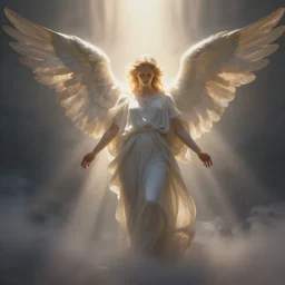 matte painting, angel lit by heavenly lights, god rays, by peter mohrbacher, irisdecent, volumetric light, light fog