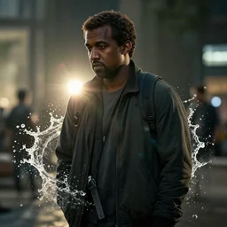 kanye west as joel in the last of us, splash art, movie still, cinematic lighting, ray tracing, octane render, long lens, shallow depth of field, bokeh, anamorphic lens flare, 8 k, hyper detailed, 3 5 mm film grain