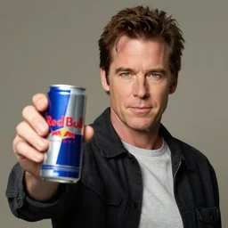young Bruce Campbell holding redbull can to the camera
