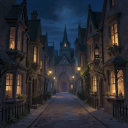 A quaint, magical, medieval, winding London street at night, digital painting by Alena Aenami, trending on artstation