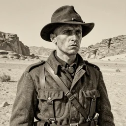 a detailed photorealistic sepia - toned color line drawing of a 1 9 1 7 worried clean - shaven british lieutenant in detailed field gear not wearing a hat in wadi rum, ultra realistic, painted, intricate details, lovecraft, atmospheric, dark, horror, brooding, highly detailed, by clyde caldwell