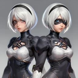 a highly detailed beautiful portrait of tracer from overwatch as 2 b nier automata wearing a skintight suit!!, concept art, detailed, detailed face, by gregory manchess, james gurney, james jean, trending on artstation, artstationhq, artstationhd