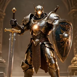 full body, attack position movie still  of a ornate holy mechanical warforged with circular glowing eye, discus face, character in armor holding a legendary paladin engraved holy great longsword and carrying a huge heavy paladin shield, face in focus, epic , trending on ArtStation, masterpiece, cinematic lighting from the movie THX 1138 (1971)