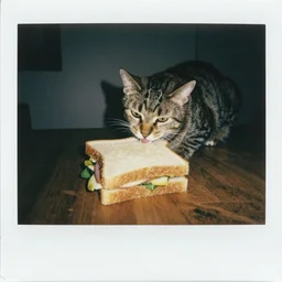 Cat eating a big sandwich by Rembrant. Polaroid 70\'s photo