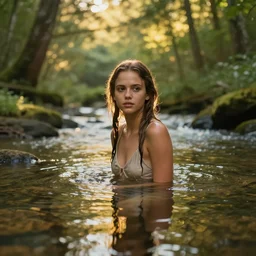 young girl that looks like Jessica Alba bathing in a river in a forest, golden hour, ray tracing reflection, 8k, hyper realistic, insainly detailed, hdr, octan render