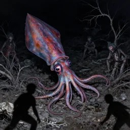 at night grotesque land squid with multiple veins attacking people