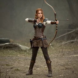 full body photo of alexandra daddario as a female steampunk archer