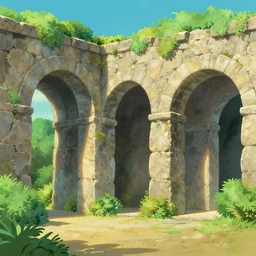natural stone arches with bushes, sunny day, long shot, digital art, in the style of studio ghibli, vivid colors, highly detailed, 8 k, establishing shot, smooth, trending on artstation, illustration, flat colors