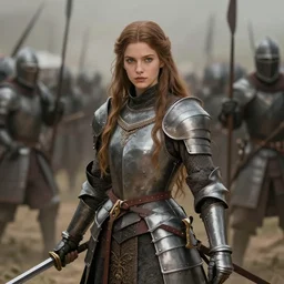 gorgeous medieval warrior princess in a battle scene, long hair, shallow depth of field, coherent composition, matte painting by karole bak, by hasui kawase