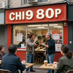 1 9 8 0 s chip shop, customers fight and argue about the price, hyper realistic photo, full colour, upscale, 8 k, masterpiece,