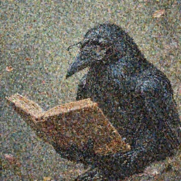 a raven with glasses reads an old leathery book, flower petals flying around in the background, art by James Jean and Wayne Barlowe, high detail, cinematic, cgsociety 8k
