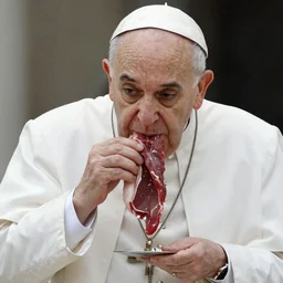 photo of the Pope eating raw meat, 50mm, beautiful photo
