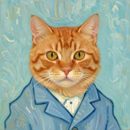 a portrait of a ginger orange cat with it's whole head visible, wearing a light blue suit, by Vincent Van Gogh