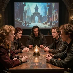film still dnd movie, group sit at table, play in dnd, beckinsale schwarzenegger johansson timberlake, gm screen, finely detailed features, closeup at the faces, perfect art, at an ancient city, gapmoe yandere grimdark, trending on pixiv fanbox, painted by greg rutkowski, ilya kuvshinov
