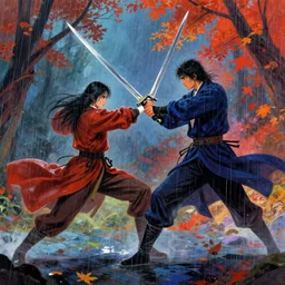 swordfight in autumn rain, epic scene, by victo ngai, kilian eng vibrant colours, dynamic lighting, digital art, winning award masterpiece, fantastically beautiful, illustration, aesthetically inspired by beksinski and dan mumford, trending on artstation, art by greg rutkowski, 8 k