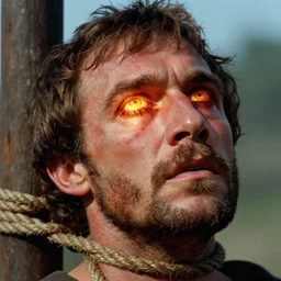 1 9 7 0 s movie still close - up of marcus atilius regulus'face tied with ropes at a pole with stiched forced - open eyes looking at the burning sun, eyes blood, cinestill 8 0 0 t 3 5 mm, high quality, heavy grain, high detail, texture, dramatic light, anamorphic, hyperrealistic, detailed hair