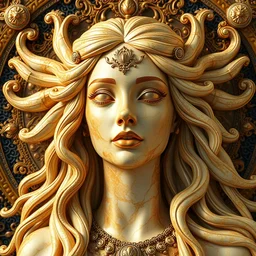 psychadelic goddess made of golden marble, beautiful face, hyper detailed, flowing psychadelic background intricate and detailed, ornate 8 k gorgeous intricate detailed, octane render