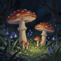 beautiful dark wonderland at night with mushrooms and grassy magic drooping bluebell flowers Digital Matte Illustration by Alena Aenami