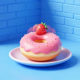 3d render of a strawberry donut on a plate, blue colored room, brick walls, blender, realistic