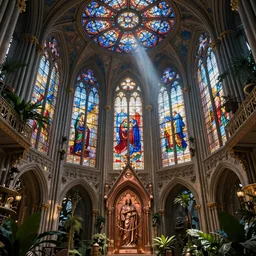 celestial cathedral atrium, hanging gardens, stained glass, gothic, neo - gothic, art nouveau, hyperdetailed copper patina medieval icon, stefan morrell, daniel merriam, james jean, concept art, aetherpunk, unreal engine, detailed intricate environment, octane render, godrays, volumetric lighting, ultrasharp, majestic, ethereal