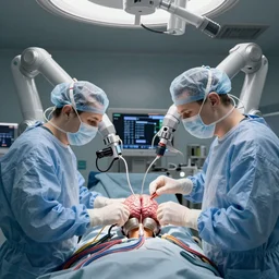 a brain transplant in an operating room with robotic surgeons with a lot of wires , photorealistic,by Wlop,4k resolution