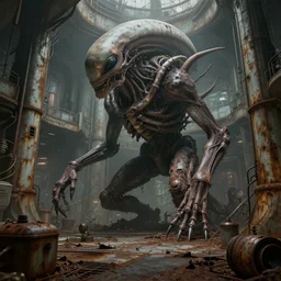 abandoned old and rusted desolate sci fi lab, alien monstrous biological life covering, Wadim Kashin, Simon Stalenhag , H.R Giger, dystopian, featured in artstation, octane render, cinematic, elegant, intricate, 8k
