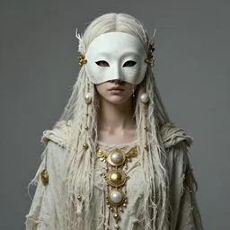 portrait of beautiful woman | full medium shot | front close - up | head on | dressed in long rags, mystical godess, ethereal, mask, ornaments of white gold in your clothes, evil, artistically realistic, octane render, fine art, intrincate. by peter mohrbacher, marc simonetti and anna podedworna