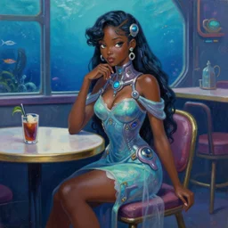 black - skinned scifi princess in a deep sea cafe, wearing a lovely dress with cyberpunk elements. this oil painting by the award - winning mangaka has an interesting color scheme and impeccable lighting.