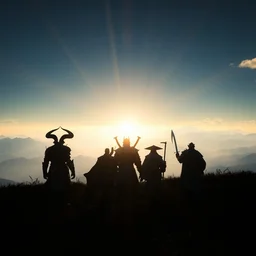 a demon a knight a samurai and a wizard walking away from the camera towards a magnificent landscape on the horizon, depth of field, perspective, lens flare, from a distance, frontlight, rays of shimmering light, tones of black, low contrast color, high contrast light, unreal engine 5, concept art
