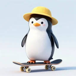 photo of a skateboarding penguin with a sunhat!