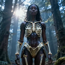 hyperrealistic mithra goregous black woman exoskeleton bone armor in a forest sun behind her concept art eric zener elson peter cinematic blue light low angle hd 8k sharp shallow depth of field