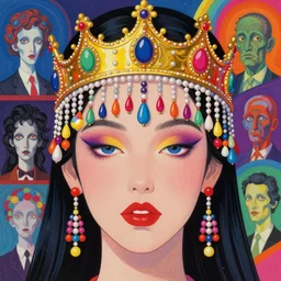 a colorful vibrant closeup portrait of st vincent wearing an alexander mcqueen crown with hanging beads and dreaming psychedelic hallucinations, by kawase hasui, moebius, edward hopper and james gilleard, zdzislaw beksinski, steven outram colorful flat surreal design, hd, 8 k, artstation