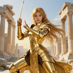 portrait knights of zodiac girl, golden and copper shining armor, karate pose, in ruined agora of athens sunrise, ssci - fi and fantasy, intricate and very very beautiful and elegant, highly detailed, digital painting, artstation, concept art, smooth and sharp focus, illustration, art by tian zi and wlop and alphonse mucha