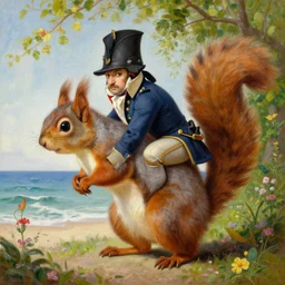 a giant!!! squirrel carrying napoleon bonaparte on its back, beach scene with flowers and foliage, detailed oil painting