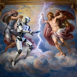 robot with beard on the clouds, transferring new energy through lightning, creazione di adamo, classical painting in chapel