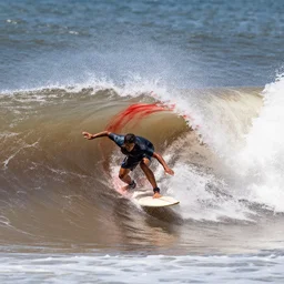 a surfer surfing a big wave, the water is made from blood