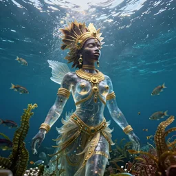 hyperrealistic neoclassical cinematic underwater scene with fish and algae, very expressive! translucent african goddess, full body, gold jewerly, highly detailed face, digital art masterpiece, eric zener aykut aydogdu, volumetric light, long shot, low angle uhd 8 k, sharp focus