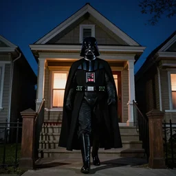 darth vader is walking up to a chicago bungalow at night.