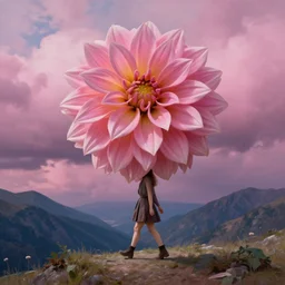 giant dahlia flower, on head, girl walking on mountain, surreal photography, pink storm clouds, dramatic light, impressionist painting, digital painting, artstation, simon stalenhag