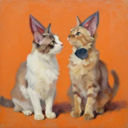 tva katter leker pingis pa orange bakgrund, oil painting
