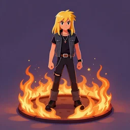 80's heavy metal kid standing in a fire ring, illustration, artgerm, octane render, inspired by Greg rutkowski, colorful, studio lighting, full body,