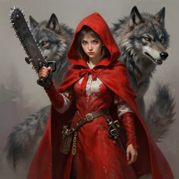 digital _ painting _ of _ little red riding silk hood wolf slayer with chainsaw arm _ by _ filipe _ pagliuso _ and _ justin _ gerard _ unsymmetric _ fantasy _ highly _ detailed _ realistic _ intricate _ port