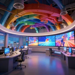 colorful nbc newsroom, industrial arches, colorful ceiling, vents and ducts, curved walls, large hd monitors, octane render, unreal engine 5, ray tracing, depth of field