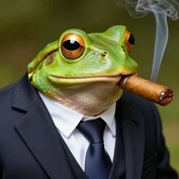 a high detail closeup shot of a  frog wearing a suit 👔,and smoking a cigarrette🚬