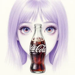 pencil drawing of the coke logo personified as a soda themed girl in the style of the lavender towne, large creepy eyes, extremely detailed and colorful eyes, digital art, deviant art, soda themed girl, hyper detailed eyes, money sign pupils, tim burton, scratchy lines, junji ito, gorrilaz, her forehead has the coke logo burned into it