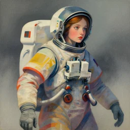 portrait of a young astronaut girl, colorful, modern art deco, mads berg, karolis strautniekas, stippled light, fog, moody, fine texture, editorial illustration, dramatic lighting, dynamic composition, detailed, matte print, dynamic perspective, muted color, smoothed